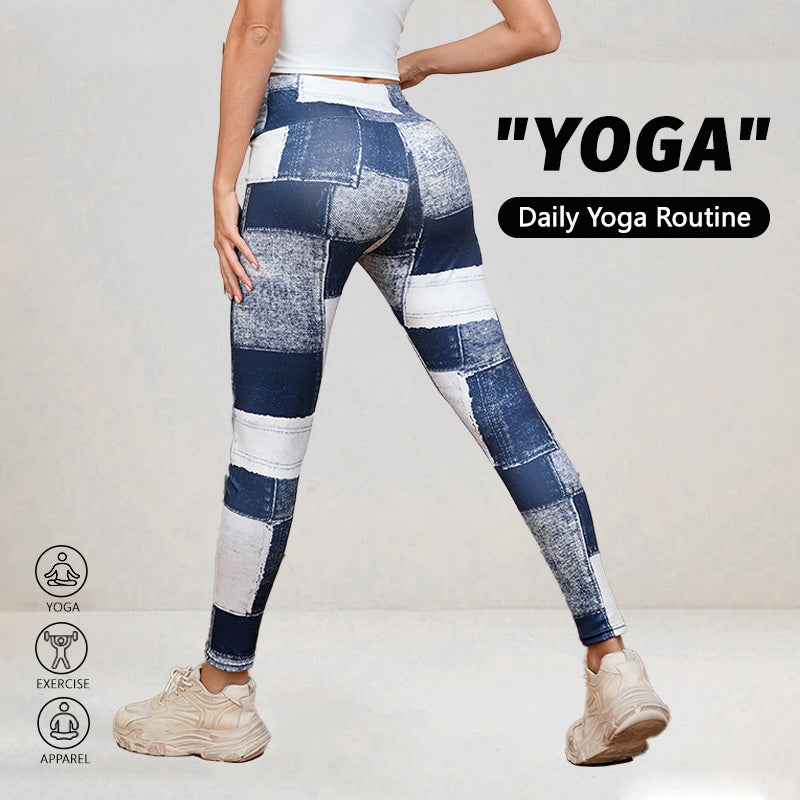 High-Waisted Denim-Look Plaid Peach Print Slim Fit Yoga Pants
