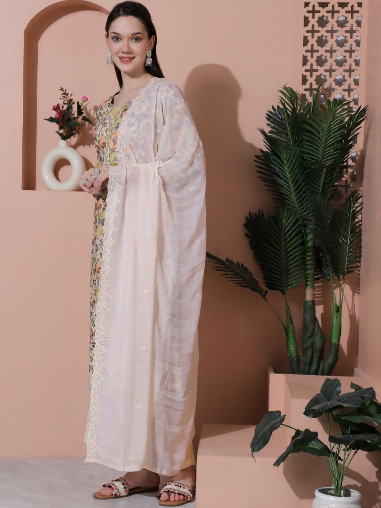 Women's Multicolor Floral Cotton Straight Kurta Trouser & Dupatta Set