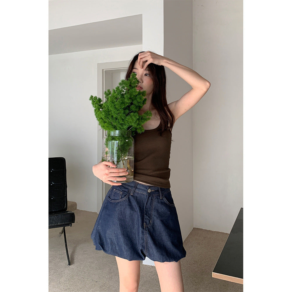 Women's Retro Dark Wash Denim Bubble Skirt - Casual & Versatile - Image 4