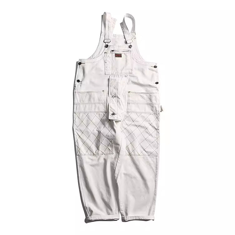 Front and back view of white vintage Japanese style workwear overalls with multi-pocket design