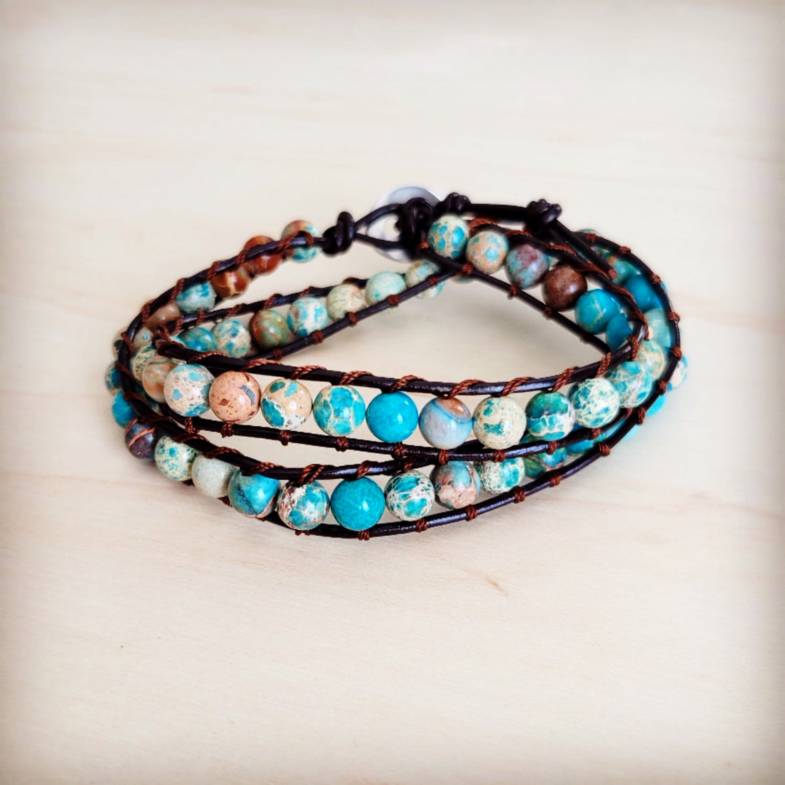 Genuine Imperial Jasper Beaded Leather Double Wrap Bracelet - Image 2