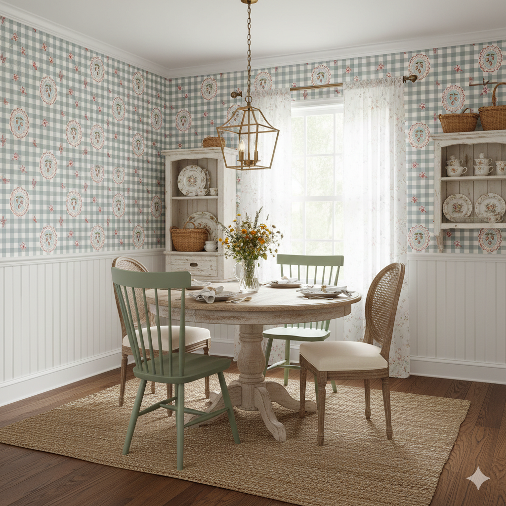 Close up of Bessie floral wallpaper featuring sage-green, white, pale-blue, and red vintage design.