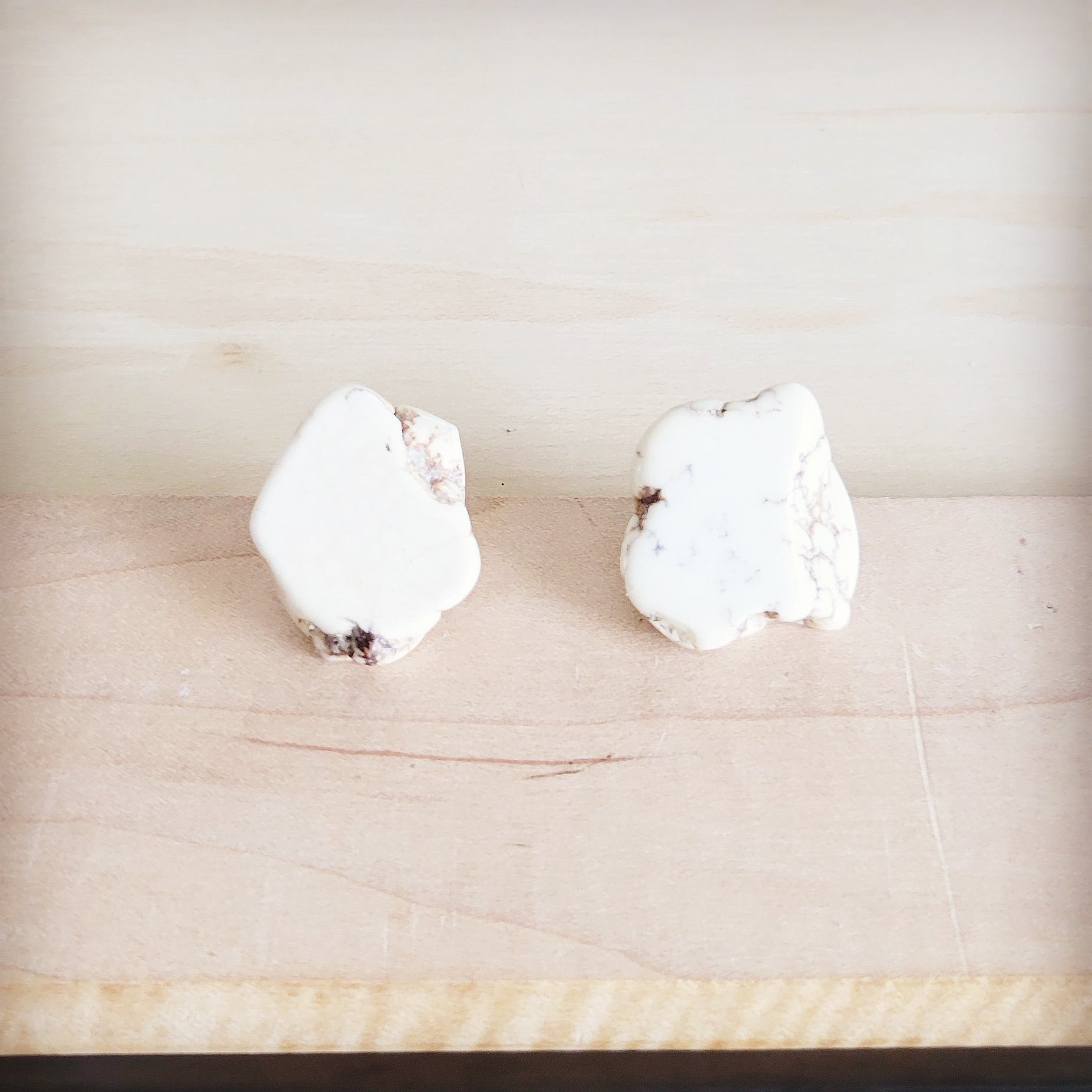 Handmade white howlite turquoise slab stud earrings featuring raw stone texture and brass-tone backings