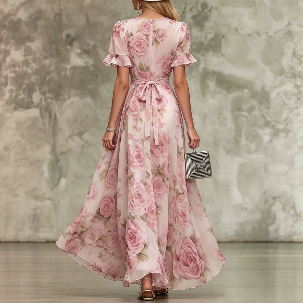 Women's Floral Chiffon Maxi Dress with Ruffle Sleeves & Tie Waist