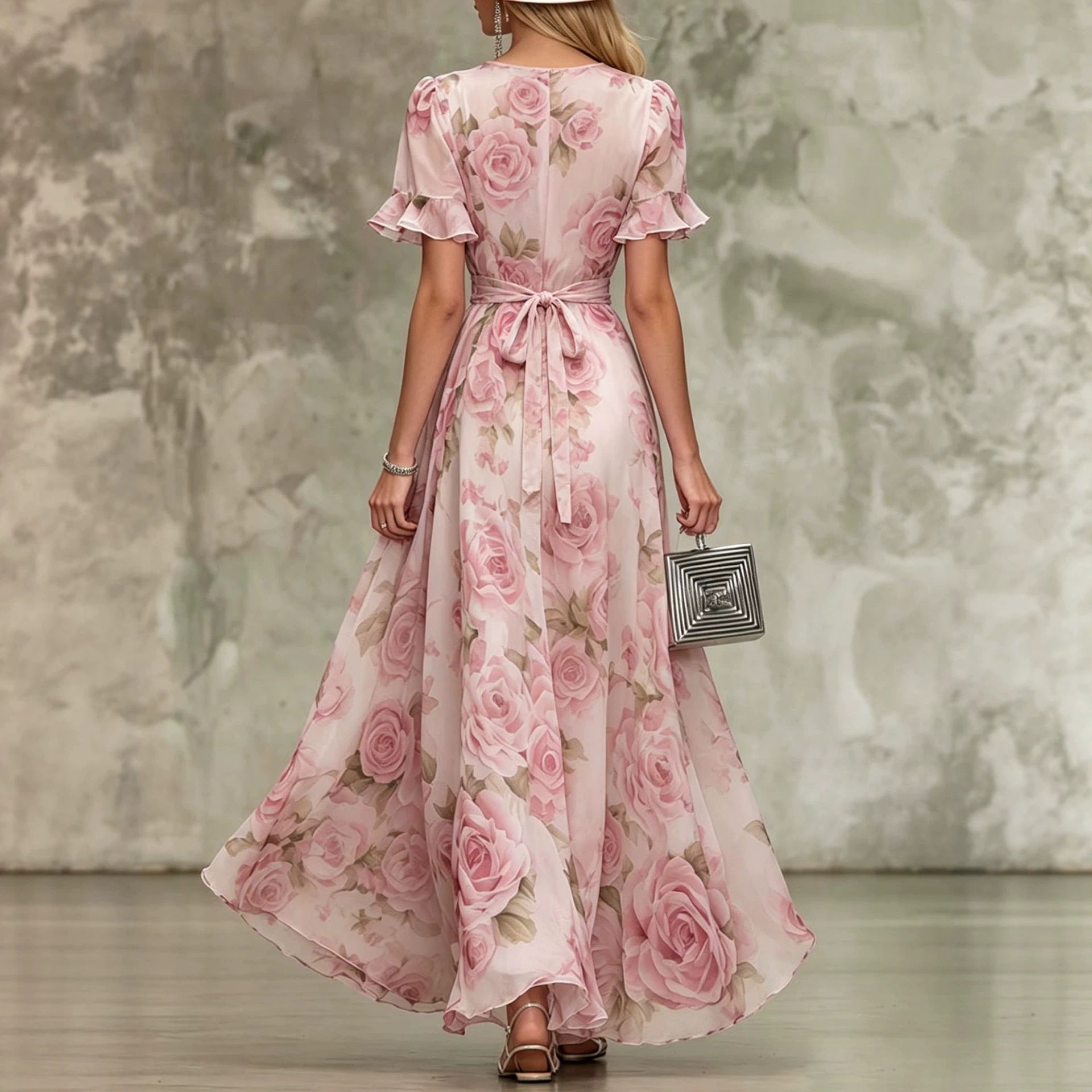 Women's Floral Chiffon Maxi Dress with Ruffle Sleeves & Tie Waist
