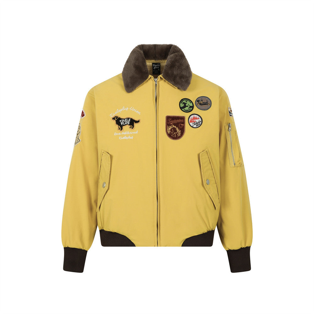 Harajuku Style Yellow Embroidered Bomber Jacket with Fur Collar - Image 7