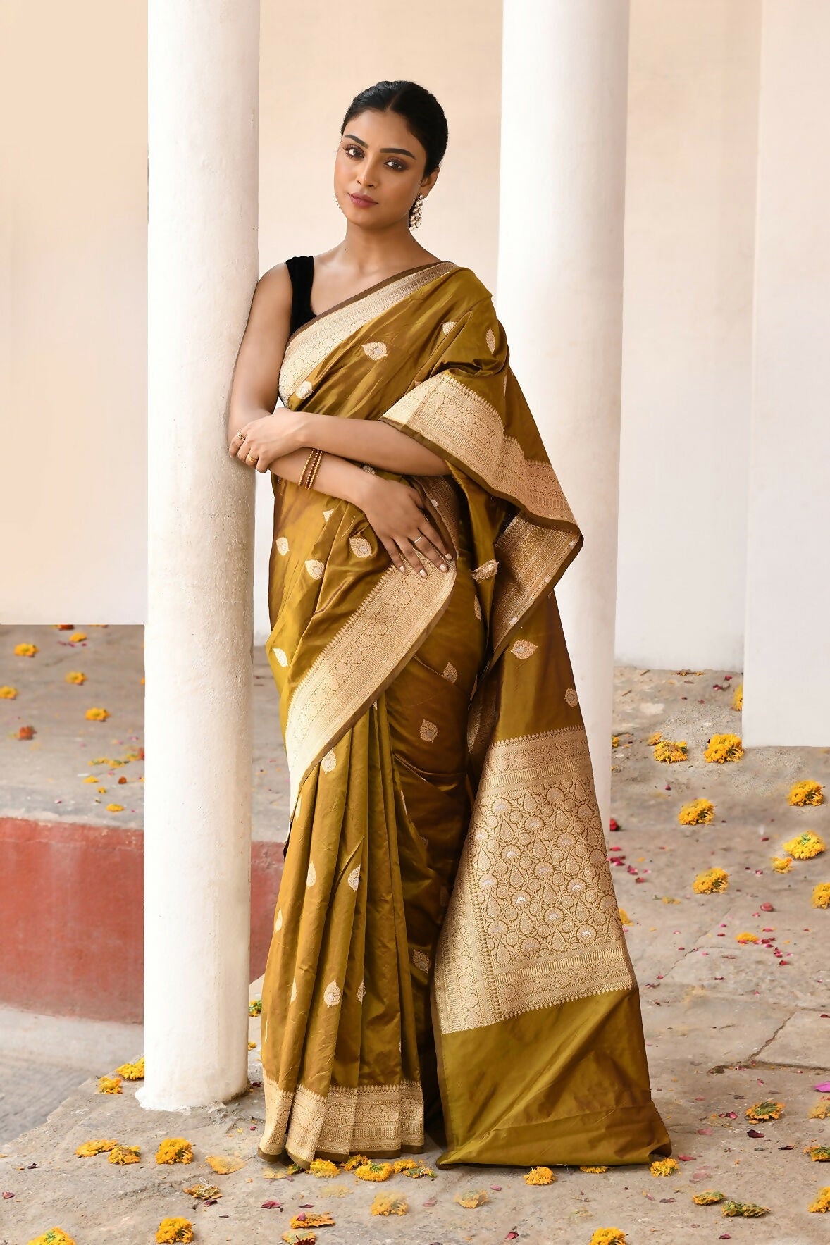 Olive Pure Katan Pure Handloom Banarasi Silk Saree