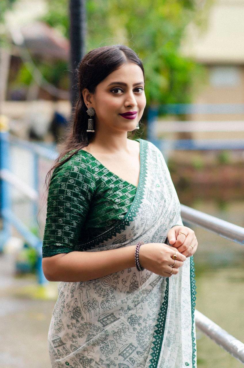 Green Pure Georgette Warli Printed Saree with Blouse Piece