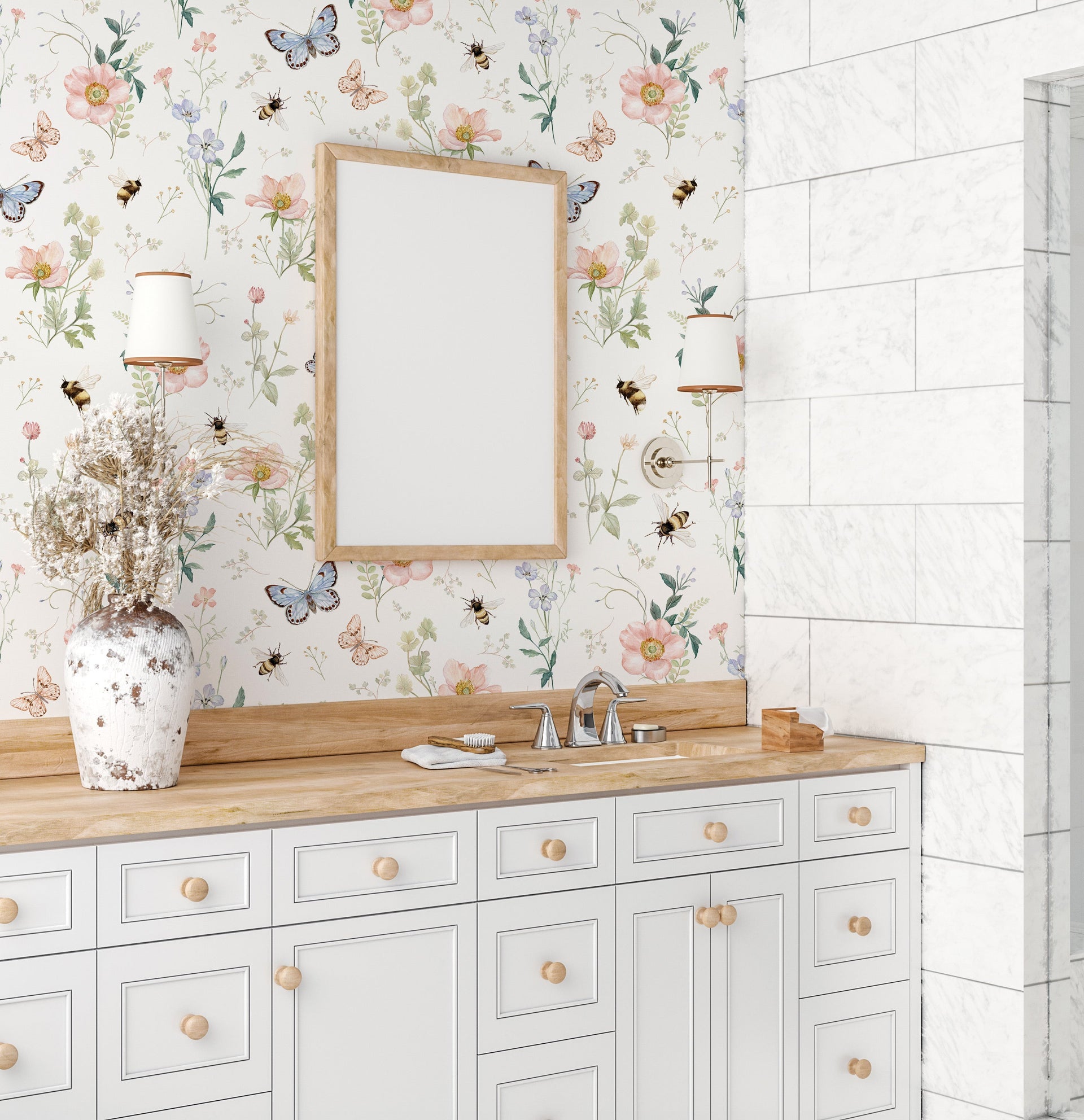 Cosette Floral Removable Wallpaper in Pink, Green, and Blue