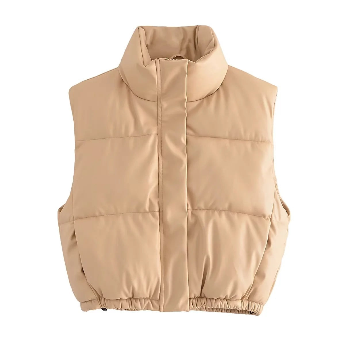Women's Cropped PU Leather Puffer Vest with Stand-Up Collar - Image 8