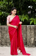 Red silk blend saree with butterfly motifs and zig-zag mulberry silk blouse