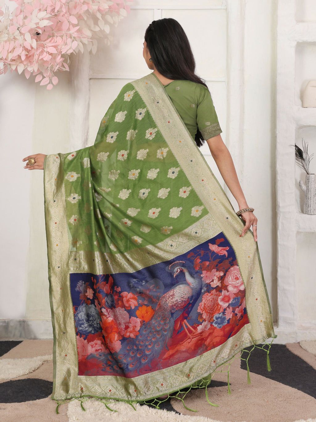 Green Linen Cotton Saree with Matching Blouse