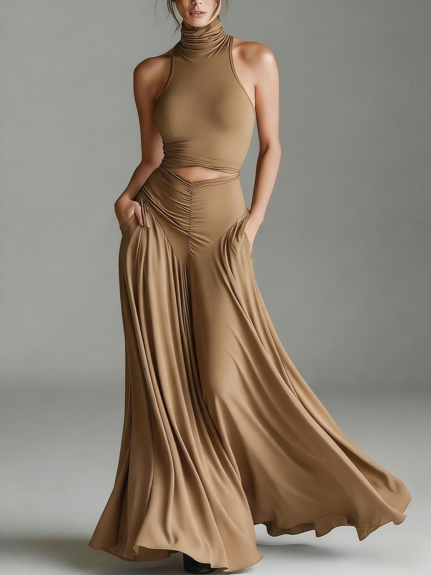 Women's Sleeveless High-Neck Top and Long A-Line Dress Set