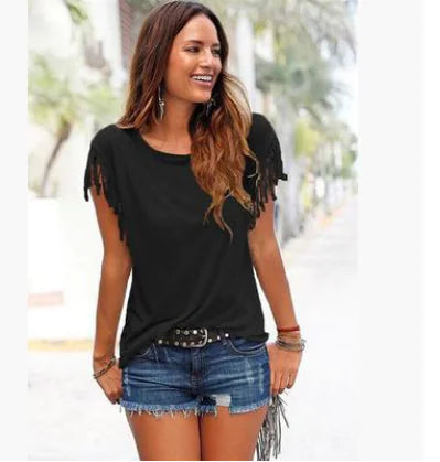 Women's Fringe Sleeve Casual T-Shirt Top
