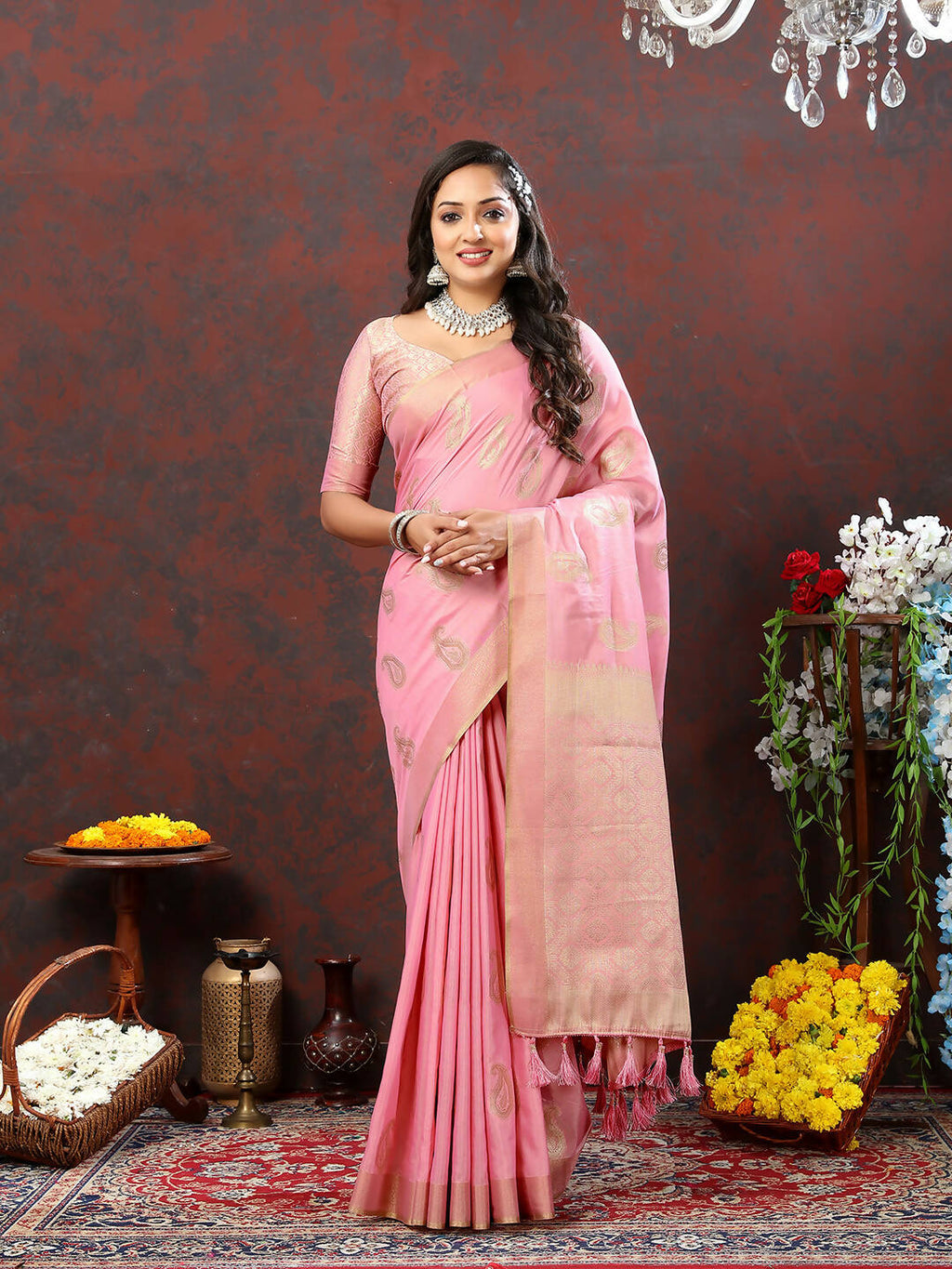 Pink Cotton Saree with Traditional Zari Woven Design and Silk Blouse