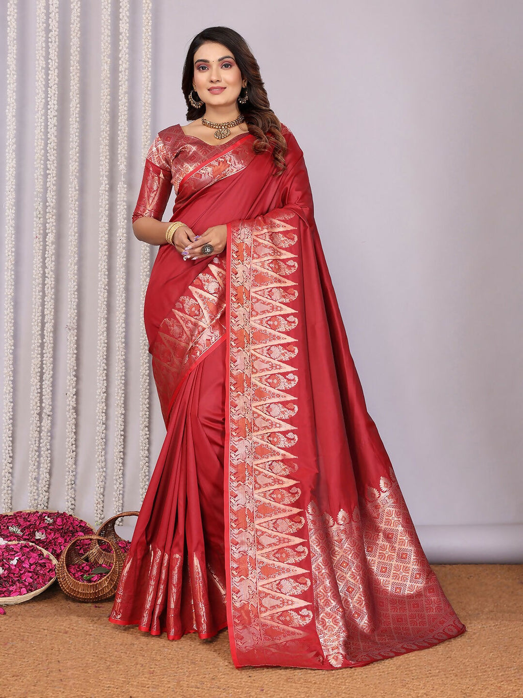 Classic Red Banarasi Jacquard Woven Soft Silk Saree with intricate woven designs.