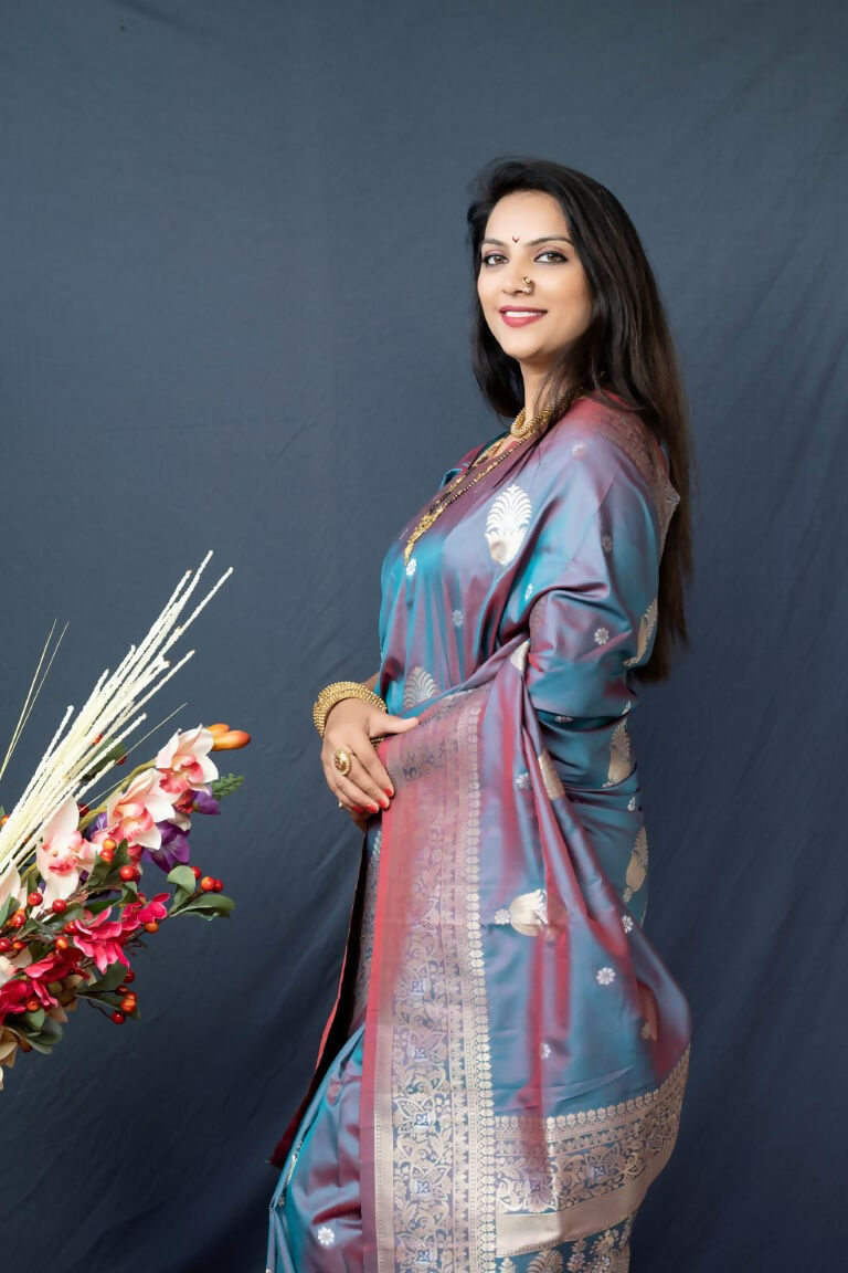 Grey Paithani Silk Zari Woven Saree with Matching Blouse Piece