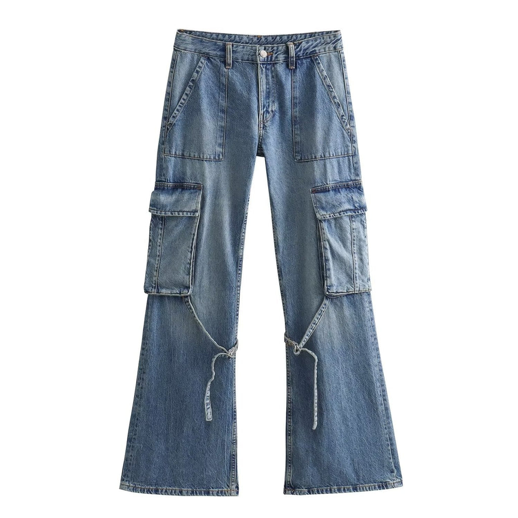 Y2K High Waist Wide Leg Denim Cargo Pants - Blue & Grey - Image 7