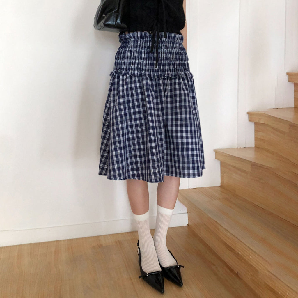 Women's Blue Plaid Smocked Waist Tiered Midi Skirt - Image 6