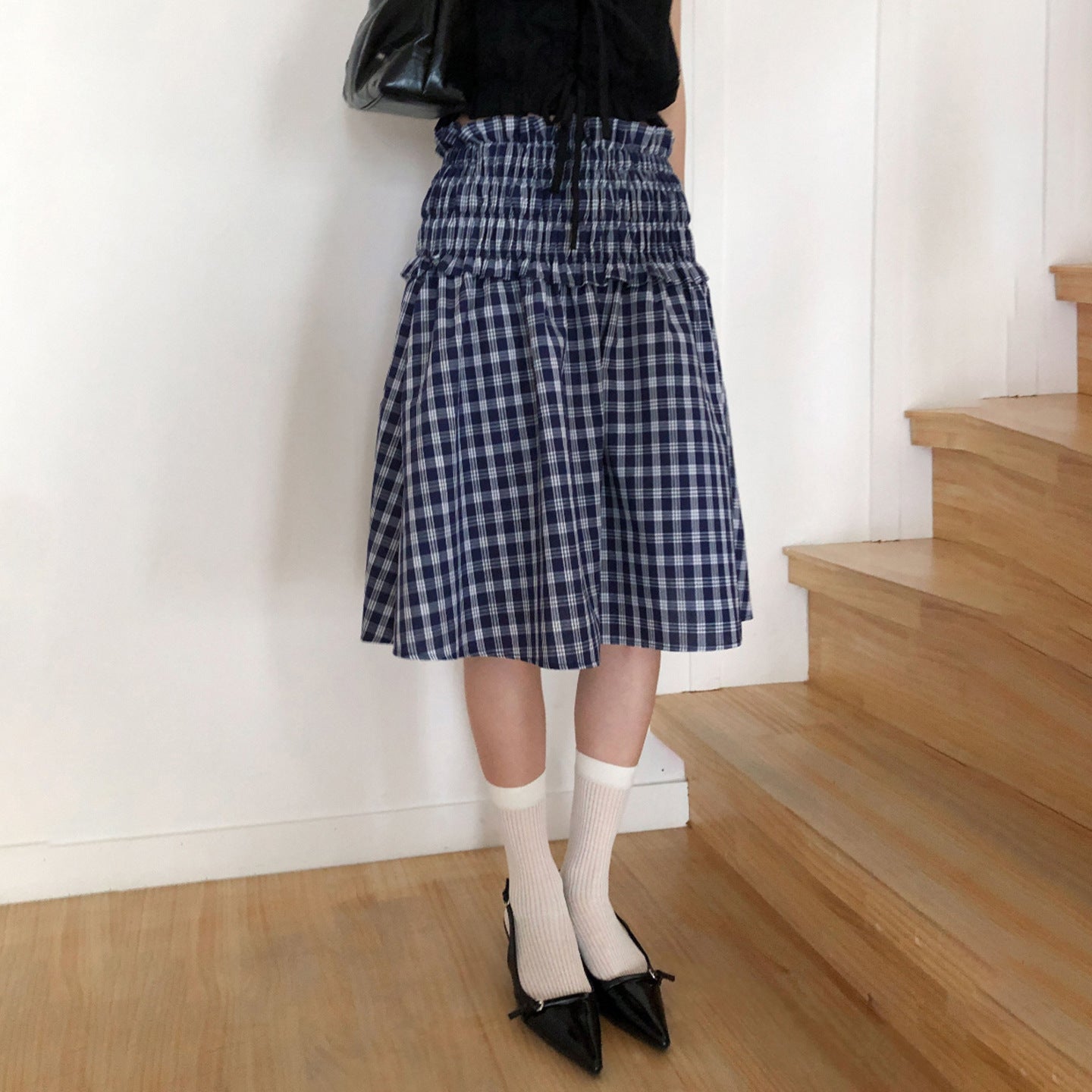 Women's Blue Plaid Smocked Waist Tiered Midi Skirt - Image 6