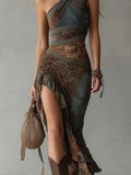 Retro Patchwork Asymmetric Slip Dress Boho High-Slit Maxi