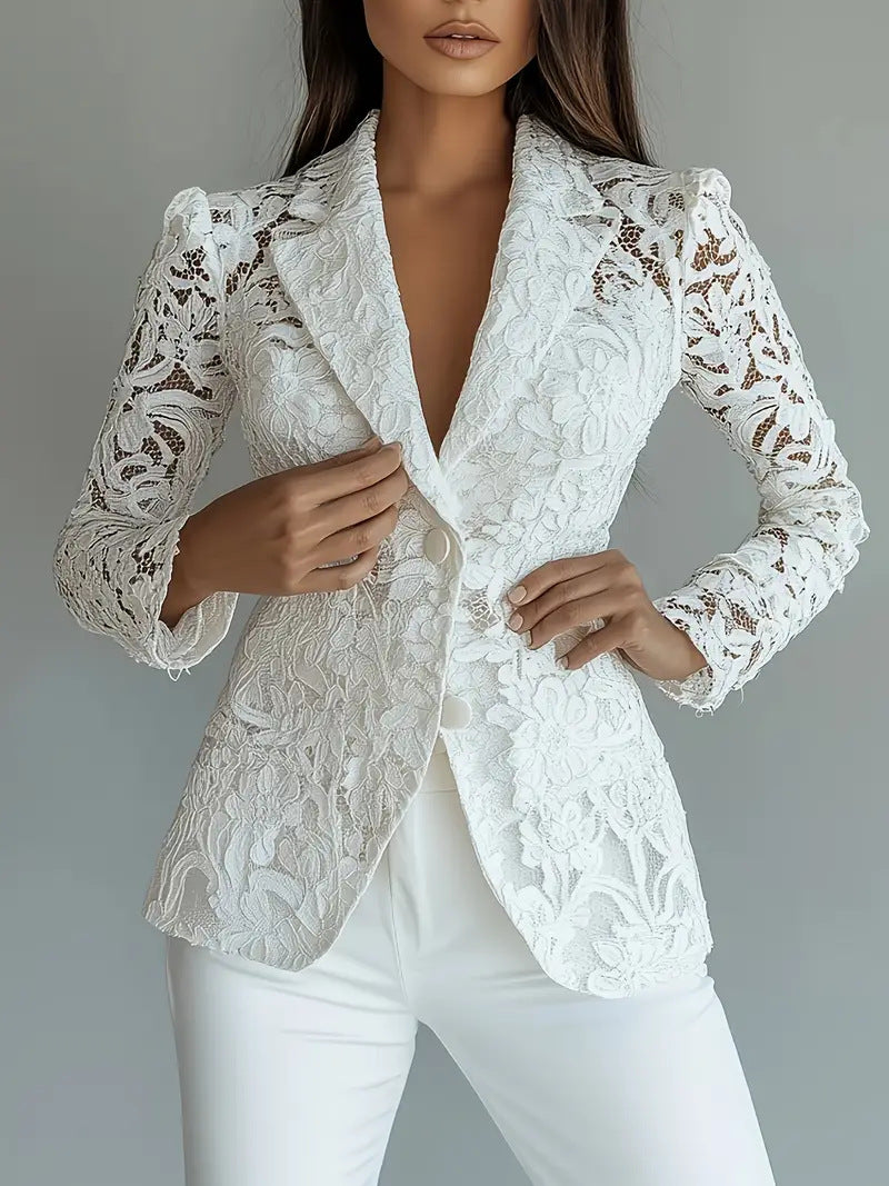 Sheer Floral Lace Blazer | Deep V Notched Lapel Single Button