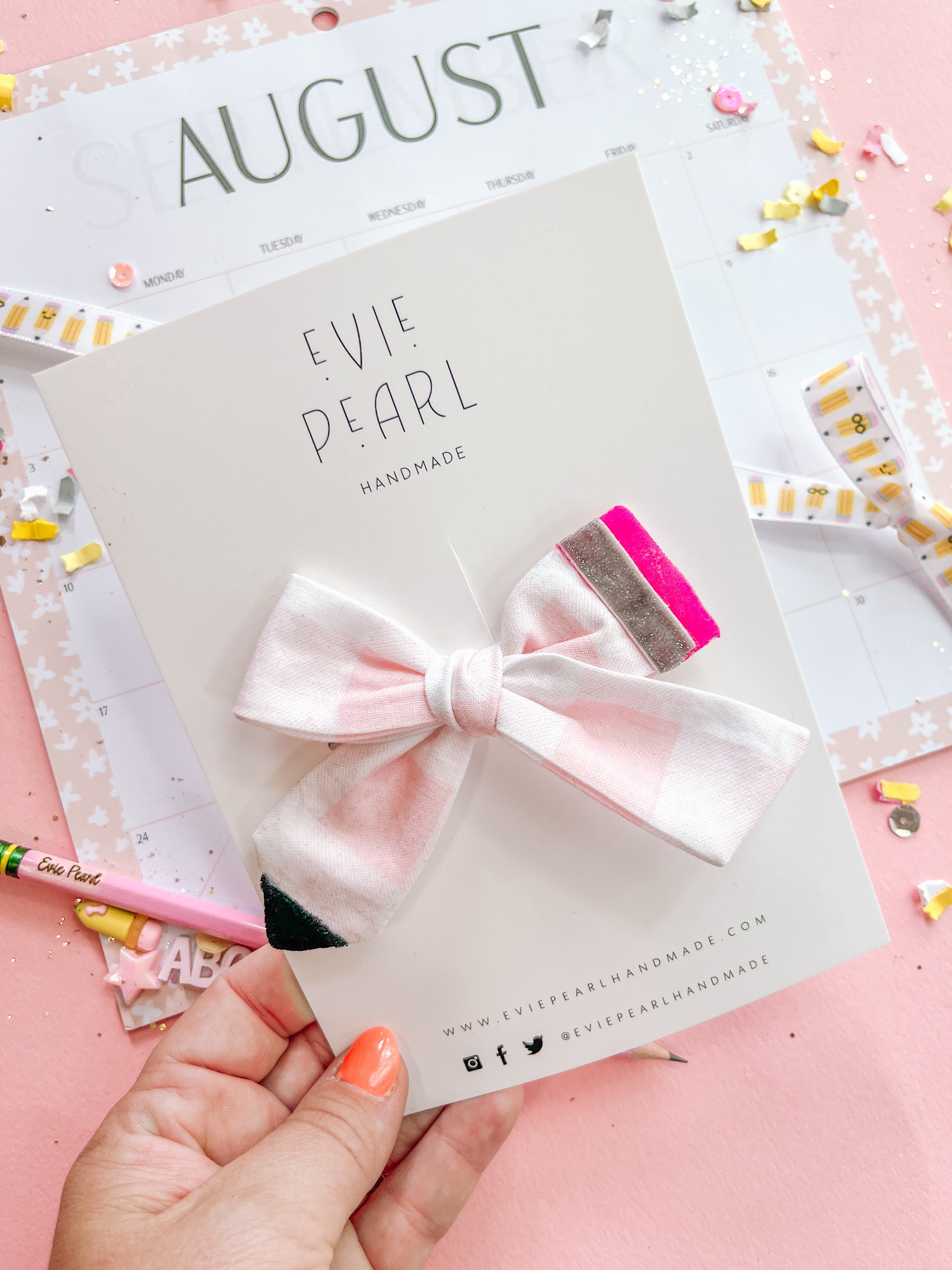 Pink Gingham Pencil Medium Hair Bow