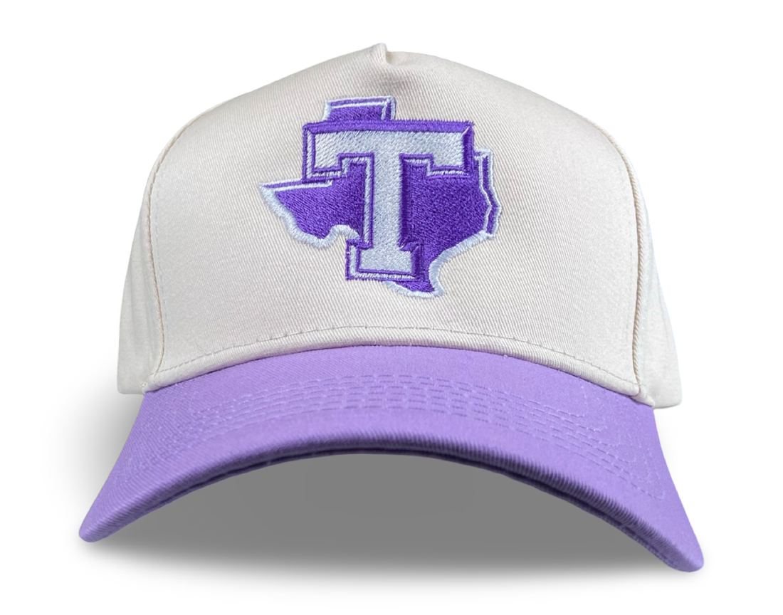 Tarleton State Texans trucker hat with purple and white Texas T embroidery and white mesh crown.