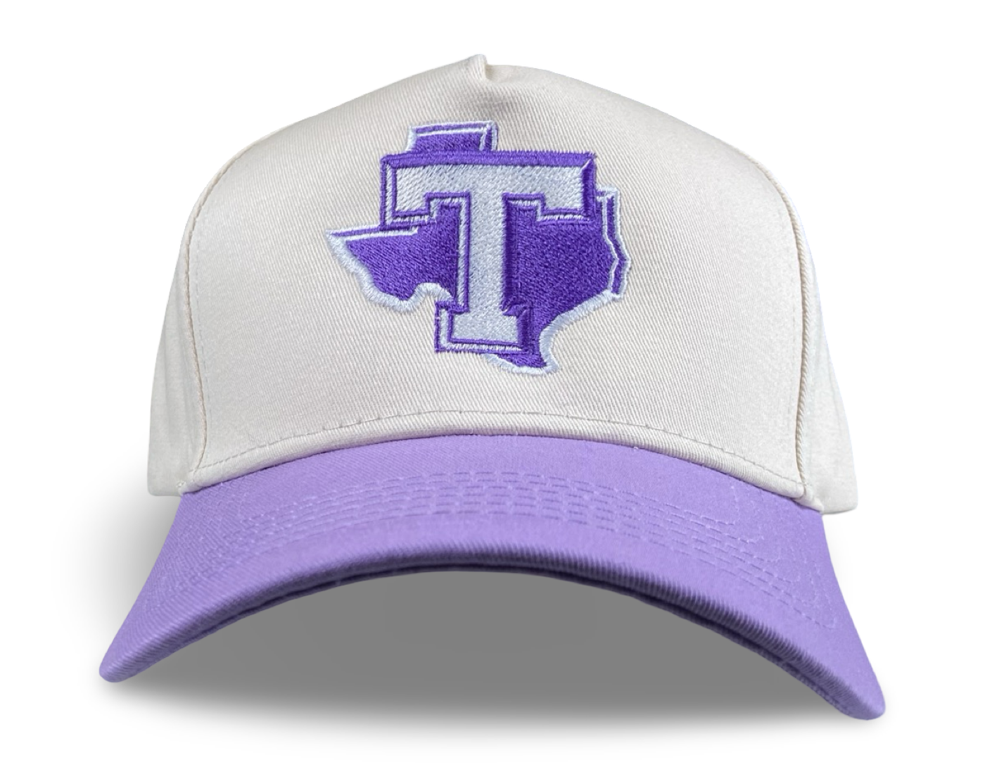 Tarleton State Texans trucker hat with purple and white Texas T embroidery and white mesh crown.