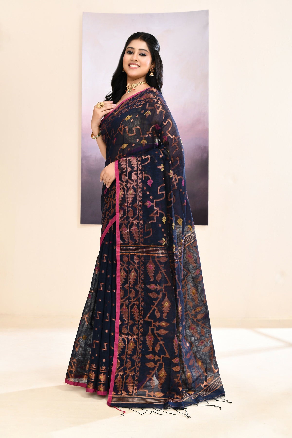 Navy Blue Embellished Jamdani Saree in Cotton Blend