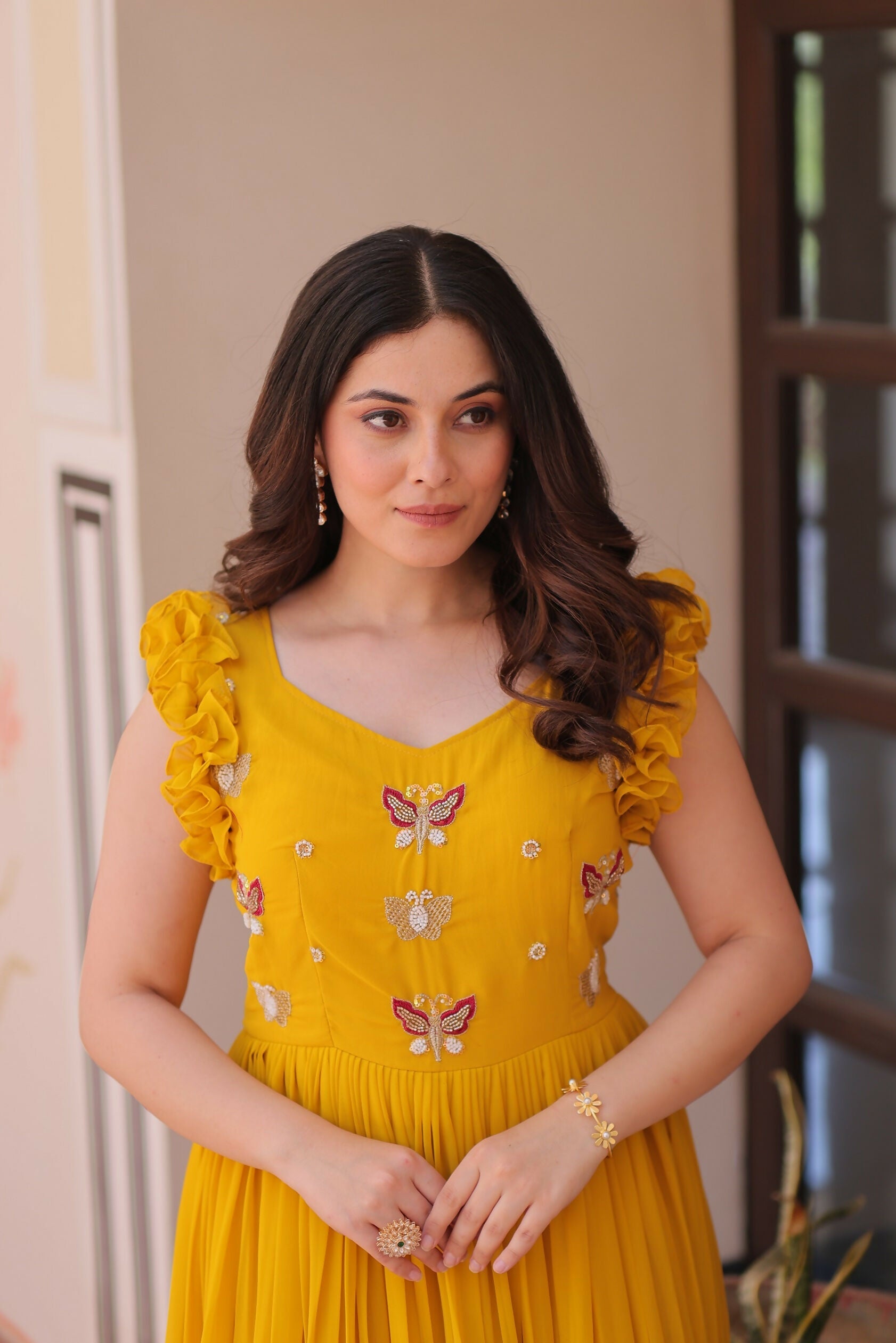 Yellow Georgette Gown with Shimmering Sequence Embroidery