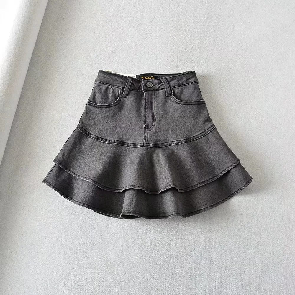 High Waisted Tiered Denim Mini Skirt with Ruffle Hem - Image 4