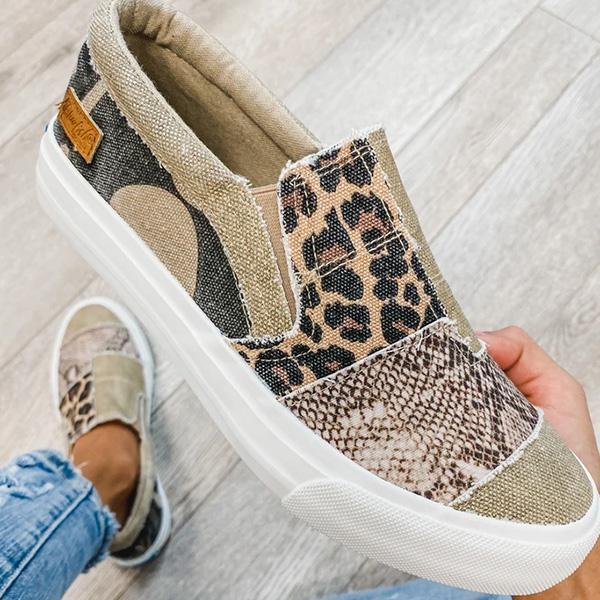 Women's Casual Patchwork Animal Print Canvas Slip-On Loafers