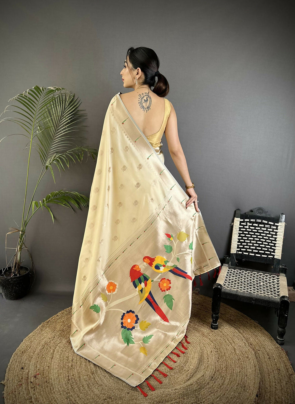 Off-White Peacock & Floral Motif Soft Silk Kanchipuram Saree