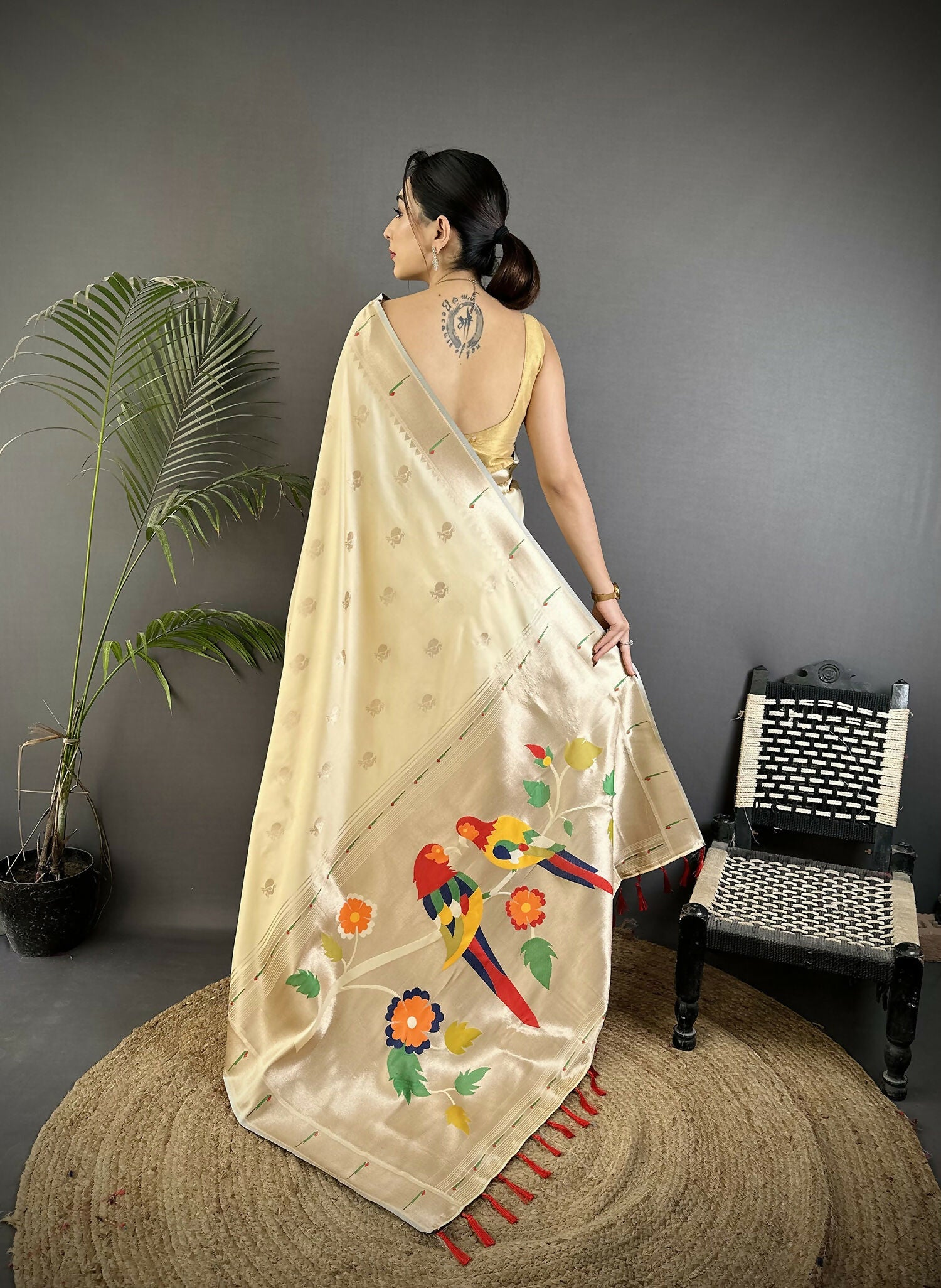 Off-White Peacock & Floral Motif Soft Silk Kanchipuram Saree