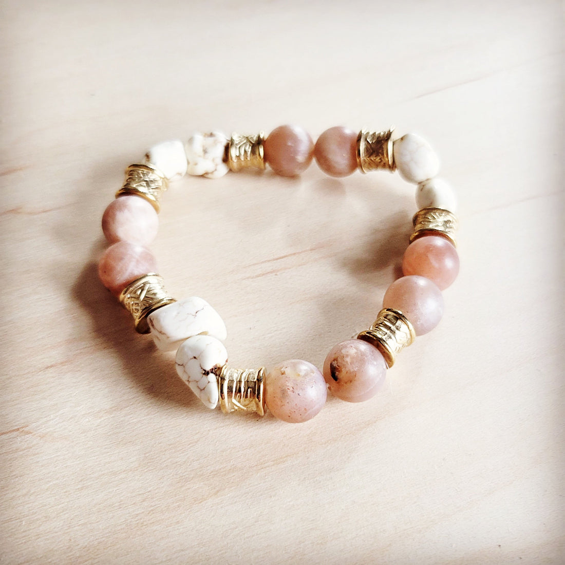Frosted Sunstone and White Turquoise Beaded Stretch Bracelet - Image 2