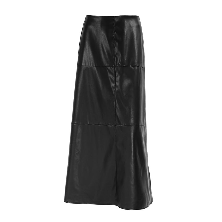 High-waisted straight leg skirt in black, shown on a model in a lifestyle setting.