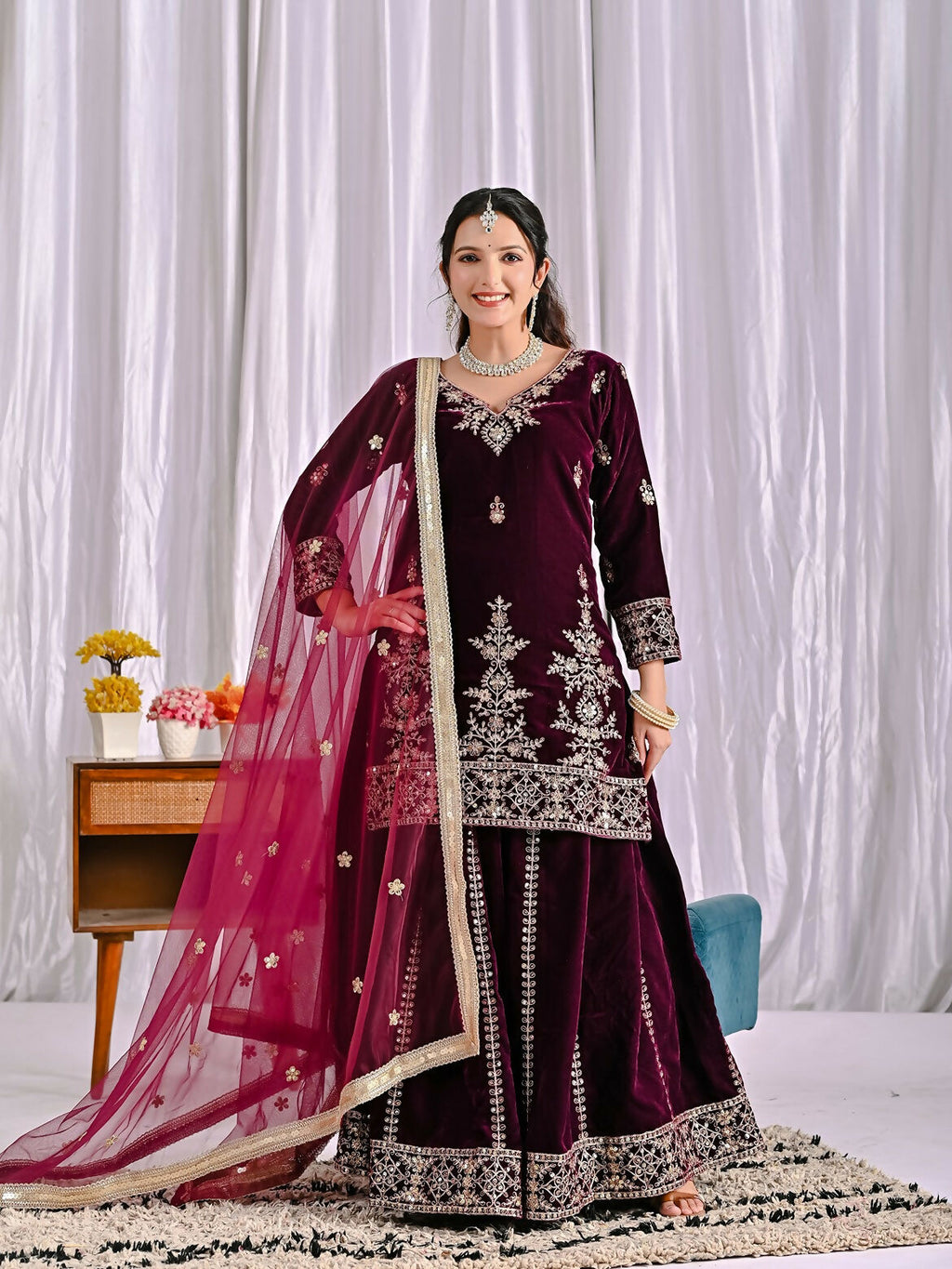 Elegant wine velvet kurta set with detailed sequence embroidery work