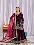 Elegant wine velvet kurta set with detailed sequence embroidery work