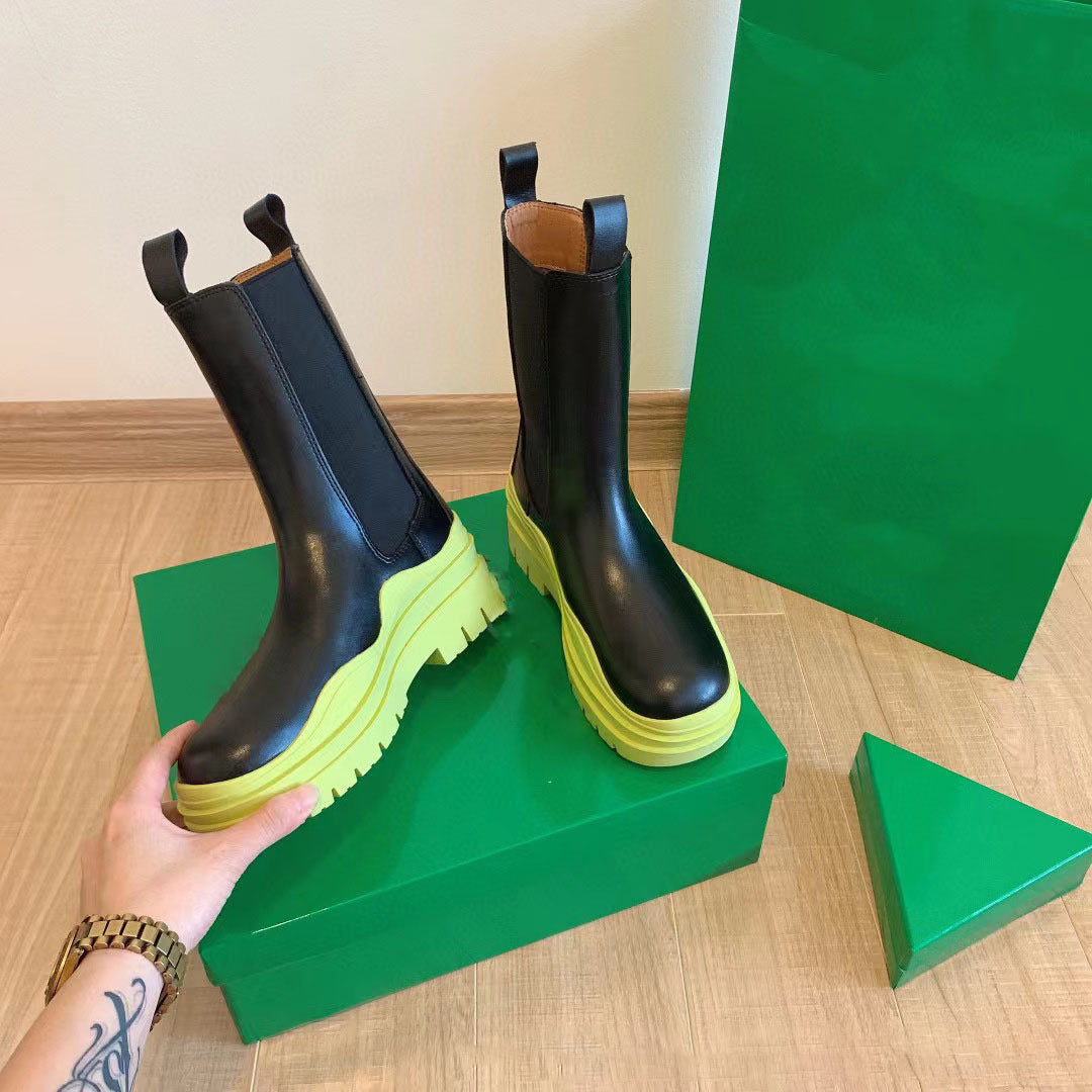 Women's Mid-Calf Chelsea Boots with Chunky Neon Green Sole - Image 8