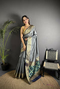Joban Fashion Grey Banarasi Cotton Silk Woven Saree