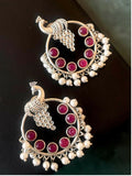 Joban Fashion Women Pink Silver Replica Peacock Shape Monalisa Stone Beaded Round Earring
