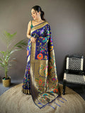 Blue soft silk Paithani saree with gold zari-woven floral motifs