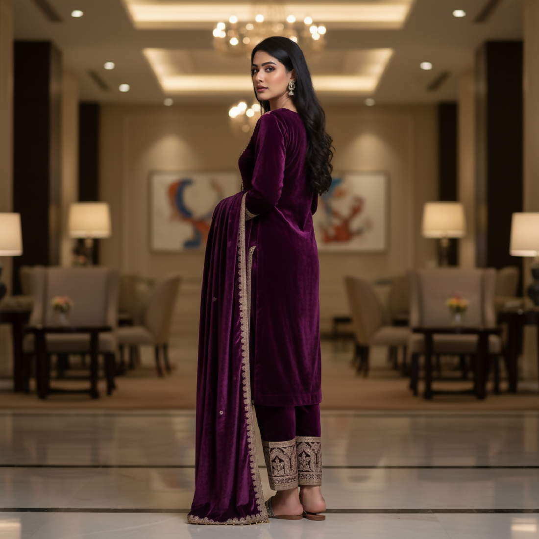 Purple Velvet Kurta Set with Embroidery and Sequence Work