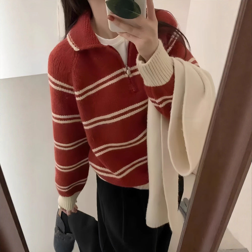Women's Half-Zip Striped Sweater Turn-Down Collar Knit Pullover - Image 3