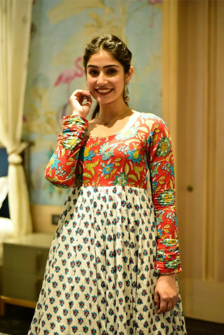 Off White Cotton Silk Anarkali with Heavy Digital Floral Print