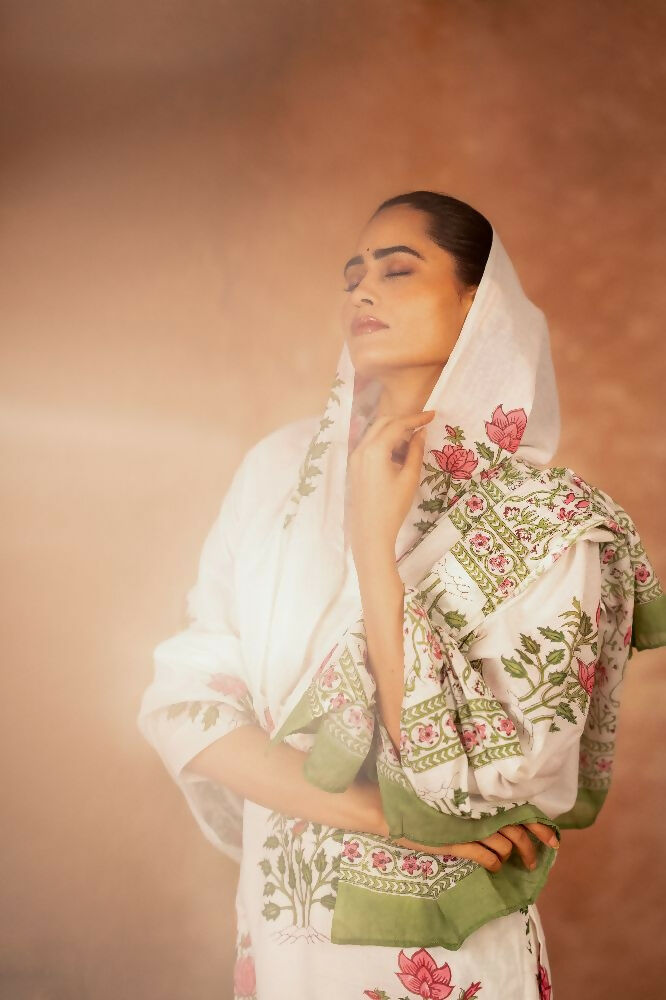 Off White Red Hand Block Printed Cotton Suit Set