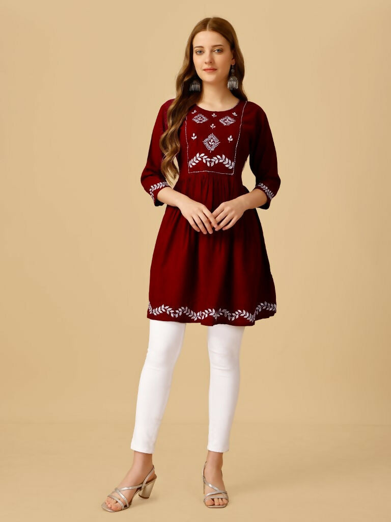 Maroon Embroidered Casual Top with Sequence Work in Rayon