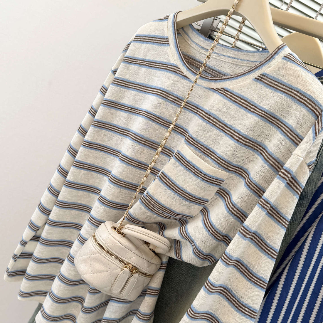 Women's Striped Long Sleeve T-Shirt with Chest Pocket - Image 3