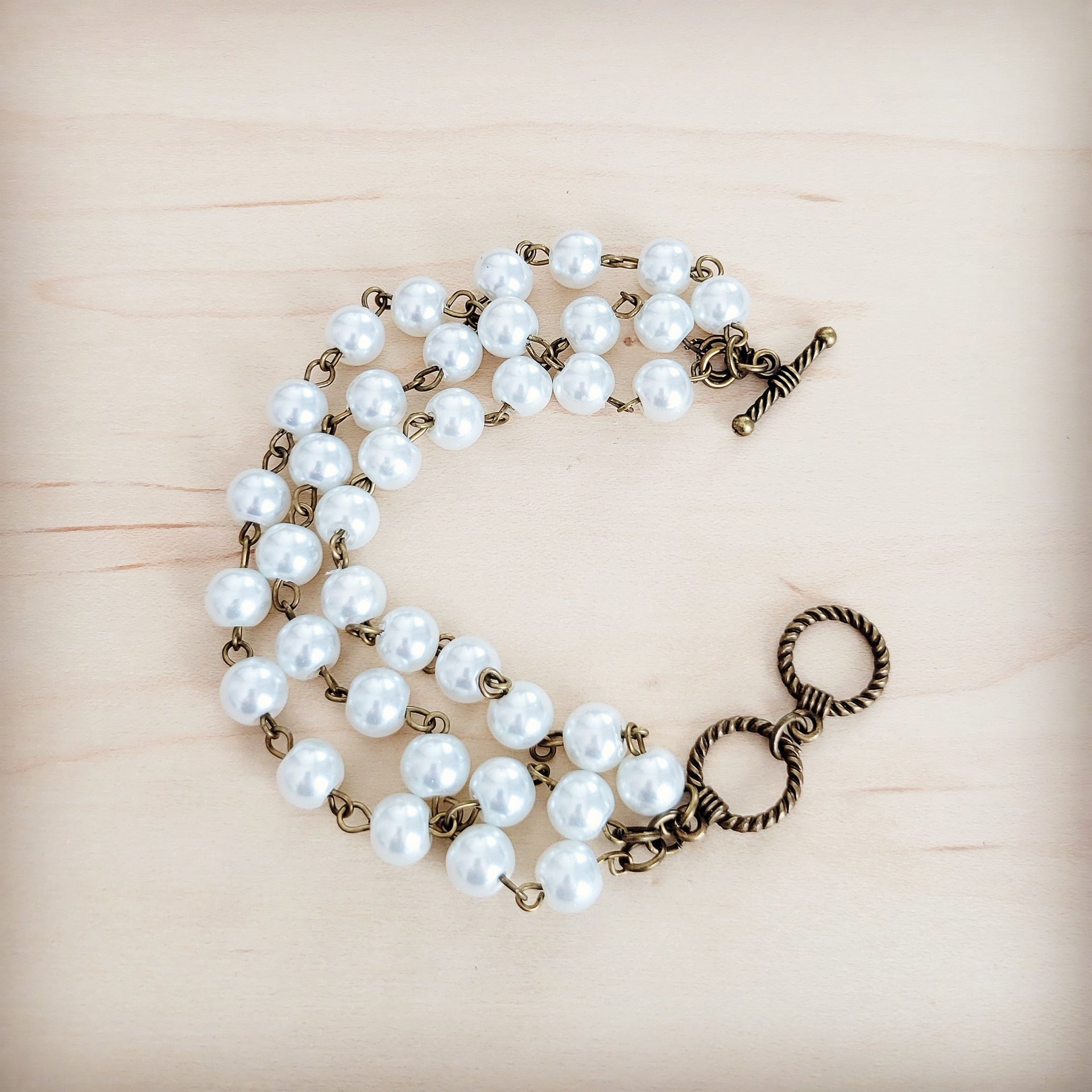 Pearl  & Copper Triple Strand Bracelet 804a